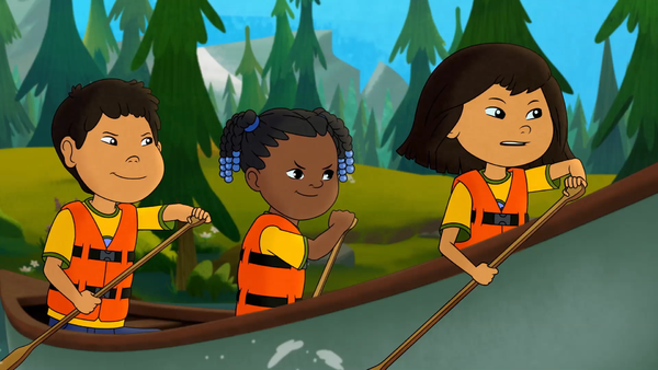 In one episode of “Molly of Denali,” Molly and her two friends prepare for a canoeing competition. 